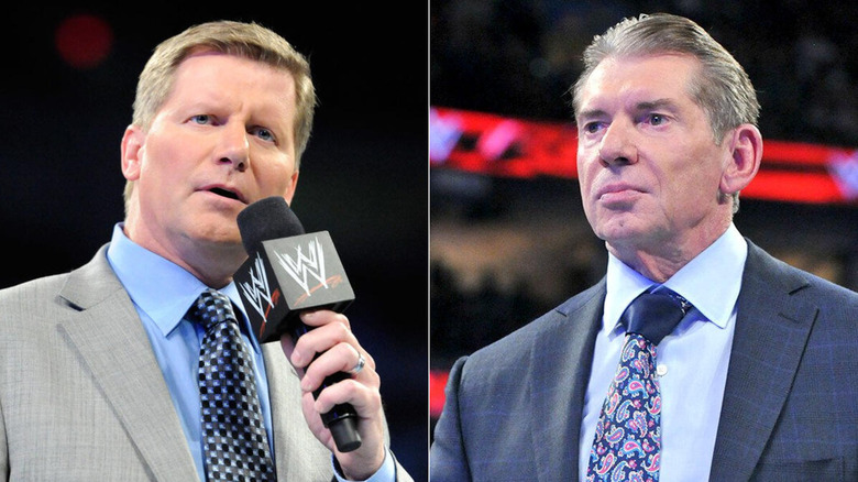Split image with John Laurinaitis and a microphone and Vince Mcmahon wearing a blue suit