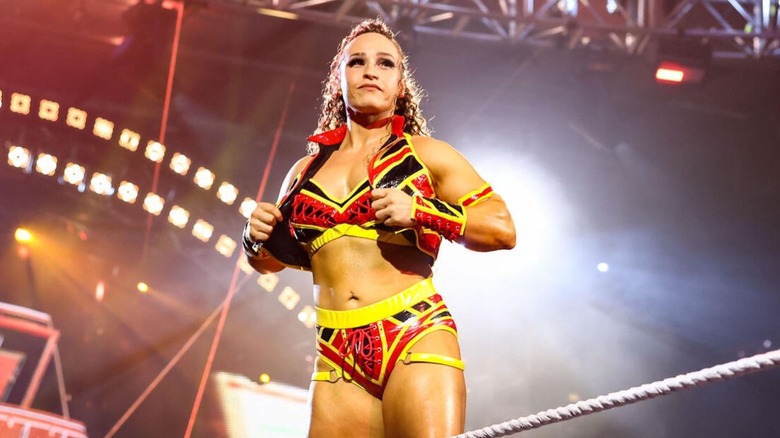 Jordynne Grace poses on the ropes before a match on "WWE NXT."