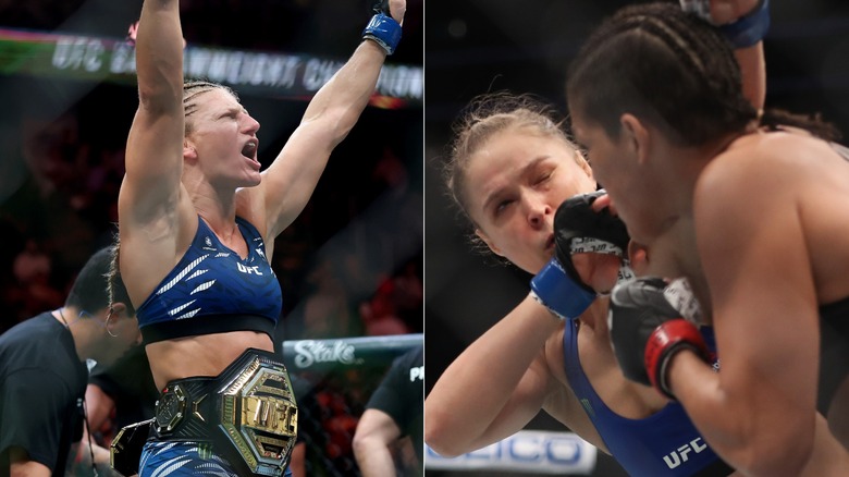 [Left] Kayla Harrison with the UFC Bantamweight Championship and [Right] Amanda Nunes punches Ronda Rousey
