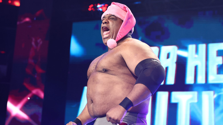 Keith Lee on AEW Collision in December 2023 wearing a pink Santa hat