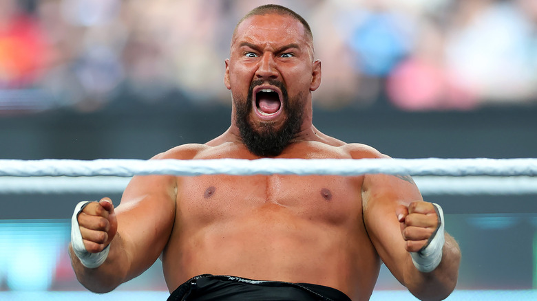 Bron Breakker reacts during the WWE 2025 SummerSlam at MetLife Stadium