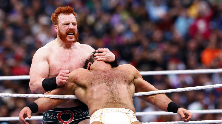Sheamus wrestles Drew McIntyre in triple threat for the WWE Intercontinental Title during WrestleMania Goes Hollywood at SoFi Stadium on April 02, 2023 in Inglewood, California