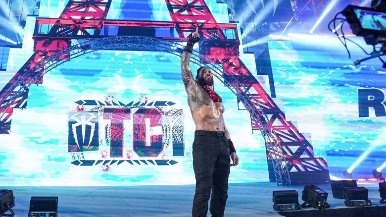 Roman Reigns makes his entrance during WWE Clash in Paris at Paris Le Defense Arena on August 31, 2025 in Paris, France.