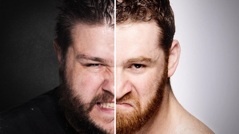 Promotional art for a video showcasing the WWE history between Kevin Owens and Sami Zayn.