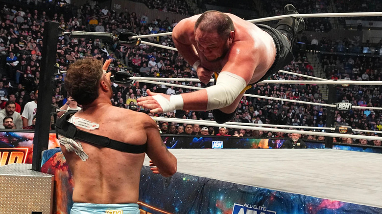 Samoa Joe dives onto MJF at AEW Worlds End
