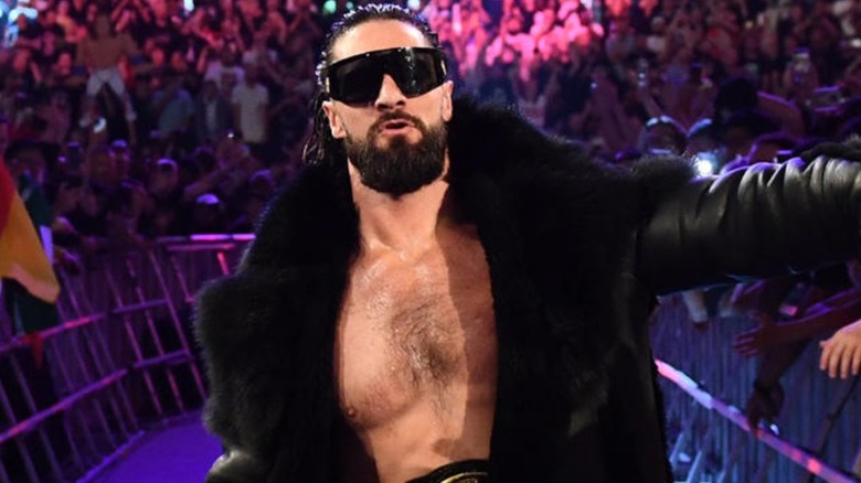 Seth Rollins wearing fur-leather jacket