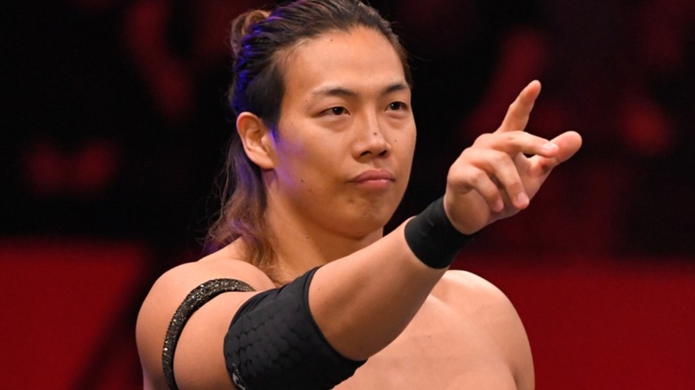 Konosuke Takeshita points out at the crowd