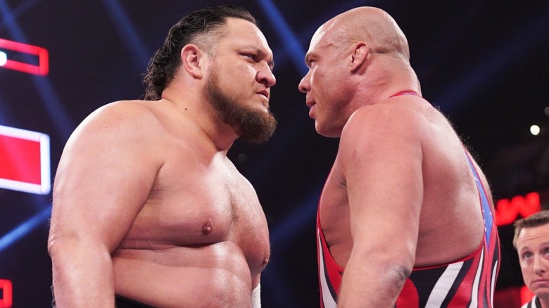 Samoa Joe and Kurt Angle stand face-to-face