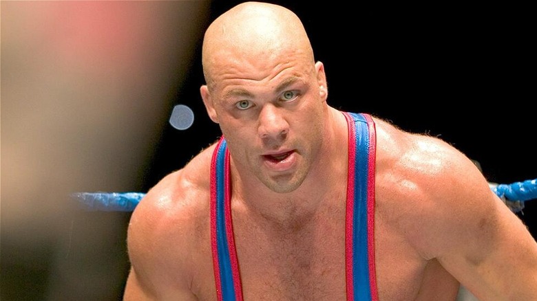 Kurt Angle reading himself ahead of a match.