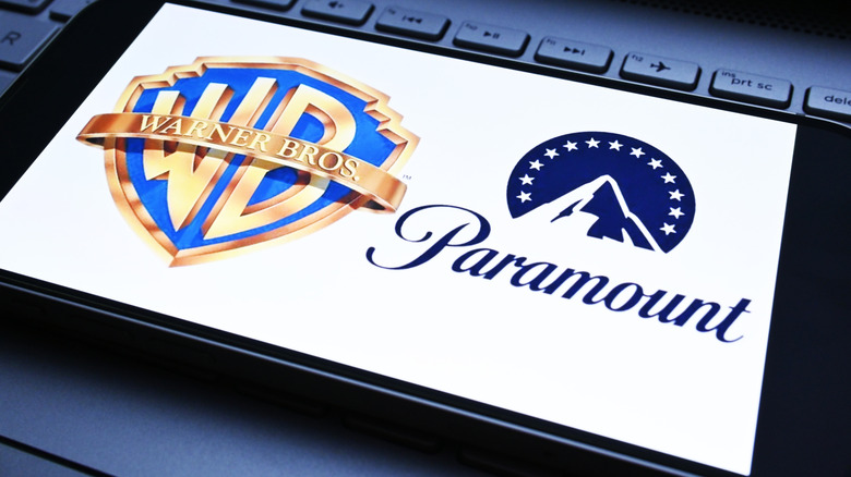 Paramount and Warner Bros logos appear on the screen. Paramount and Warner Bros. are in talks regarding acquisition deals. New York U.S 02.01.2026