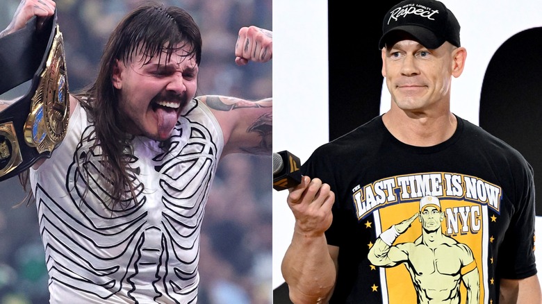 (Left): Dominik Mysterio poses with his newly won WWE Intercontinental Championship (Right): John Cena awaits a question from a fan in the audience.