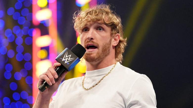 United States Champion Logan Paul speaks into WWE microphone