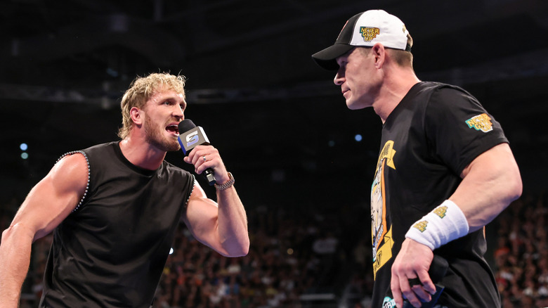 John Cena and Logan Paul face to face during SmackDown at The 3Arena Dublin on August 22, 2025 in Dublin, Ireland.