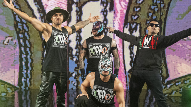 LWO (Joaquin Wilde, Rey Mysterio, Dragon Lee and Cruz Del Toro) make their entrance during RAW on April 14th, 2025 at the Golden 1 Center in Sacramento, California.