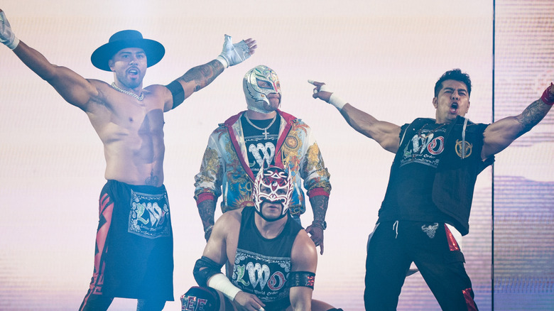 Joaquin Wilde, Dragon Lee, Rey Mysterio, and Cruz Del Toro of LWO enter the arena during Monday Night RAW at the Target Center on April 7, 2025 in Minneapolis, Minnesota.