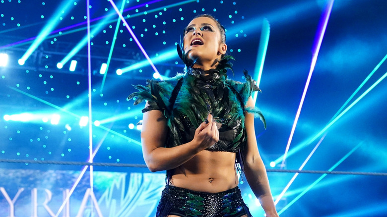 Lyra Valkyria makes her in-ring entrance during an episode of Monday Night RAW at Bon Secours Wellness Arena on May 13, 2024 in Greenville, South Carolina.