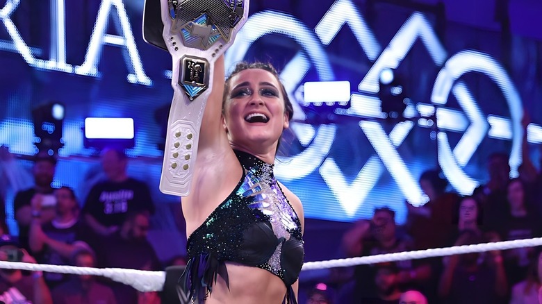 Lyra Valkyria celebrates winning the NXT Women's Championship.