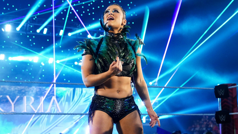 Lyra Valkyria makes her in-ring entrance during an episode of Monday Night RAW at Bon Secours Wellness Arena on May 13, 2024 in Greenville, South Carolina.