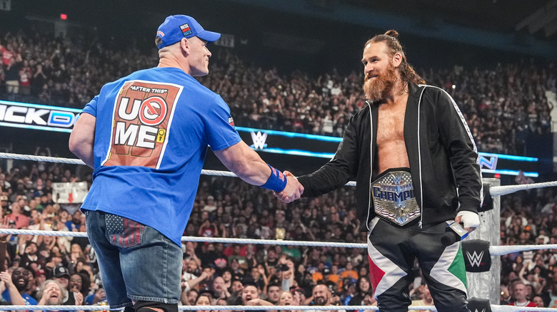 John Cena agrees to a match with Sami Zayn for the WWE United States Championship title during SmackDown at Allstate Arena on September 5, 2025 in Rosemont, Illinois.