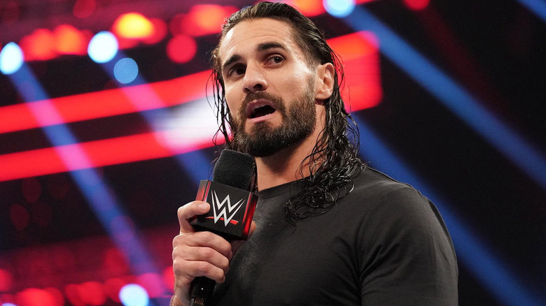 Seth "Freakin" Rollins speaking with a WWE microphone