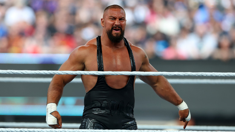 Bron Breakker reacts during the WWE 2025 SummerSlam at MetLife Stadium on August 02, 2025 in East Rutherford, New Jersey.
