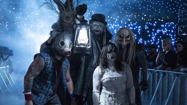 The Wyatt Sicks (Joe Gacy, Nikki Cross, Erick Rowan, Uncle Howdy, and Dexter Lumis) make their way to the ring during Monday Night RAW at the CFG Bank Arena on August 5, 2024 in Baltimore, Maryland.