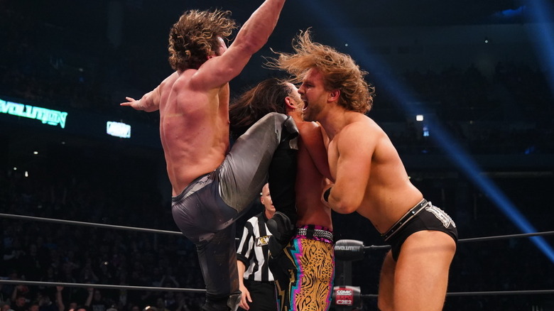 Hangman Adam Page and Kenny Omega hit their double finisher on Matt Jackson