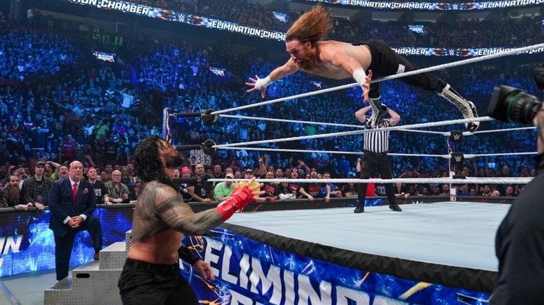 Roman Reigns and Sami Zayn at WWE Elimination Chamber 2023