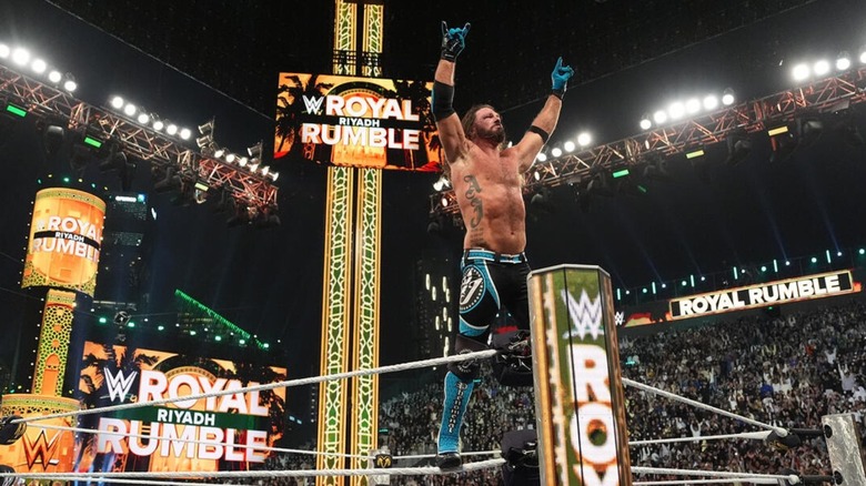 AJ Styles poses on the ropes following his loss to GUNTHER at the Royal Rumble in Riyadh, Saudi Arabia.