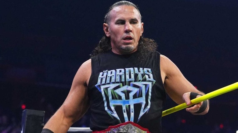 Matt Hardy entering the ring with one half of the TNA World Tag Team Championships ahead of a match on "iMPACT!"