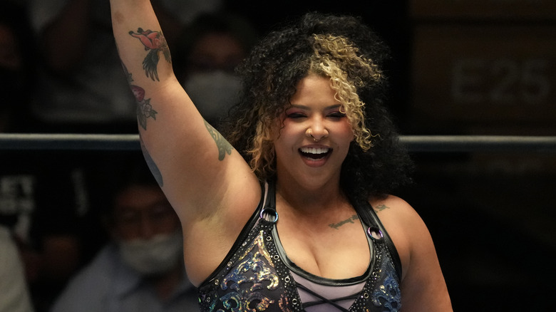 Willow Nightingale celebrates the victory during the New Japan Pro-Wrestling - STRONG at Korakuen Hall on July 04, 2023 in Tokyo, Japan.