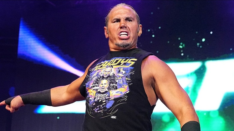 Matt Hardy doing his signature 'Delete' taunt before making his way to the ring for a match on an AEW show.
