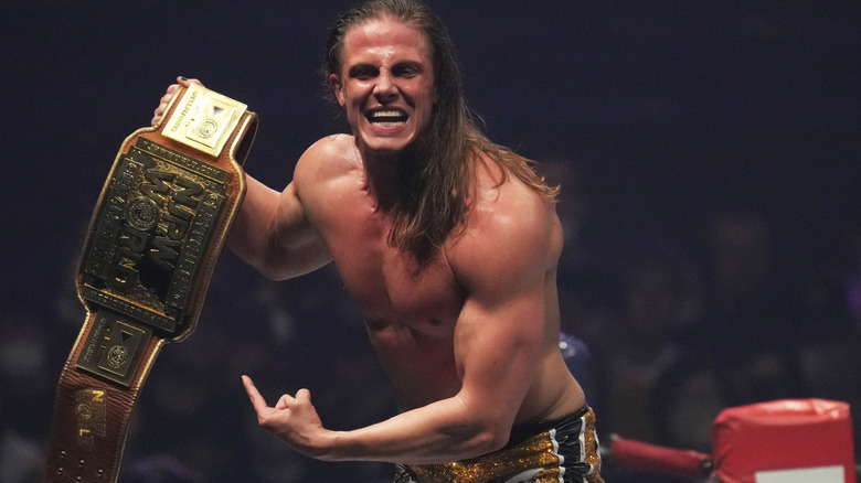 Matt Riddle celebrating his win at a NJPW show, 2024.
