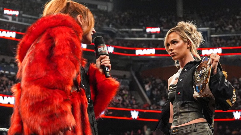Becky Lynch confronting Maxinne Dupri during a promo segment on 