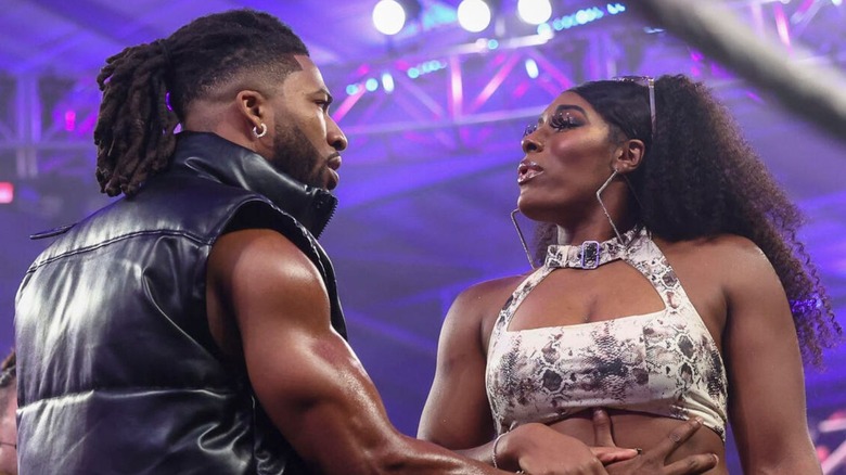 Trick Williams and Lash Legend face off in a Meta-Four segment in the ring on "WWE NXT."