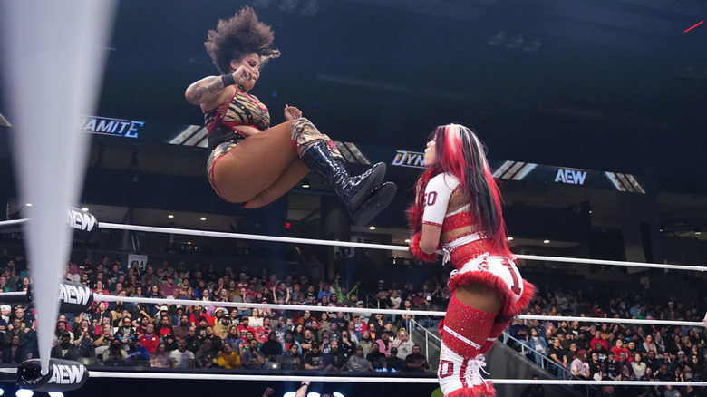 Willow Nightingale dropkicking Mercedes Mone on AEW Dynamite