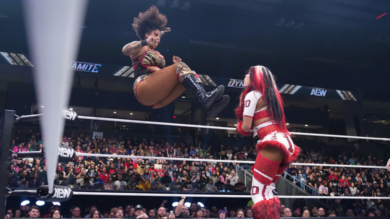 Willow Nightingale hits a dropkick to Mercedes Mone in the ring during their match for the TBS Championship on the December 31, 2025 edition of "AEW Dynamite."