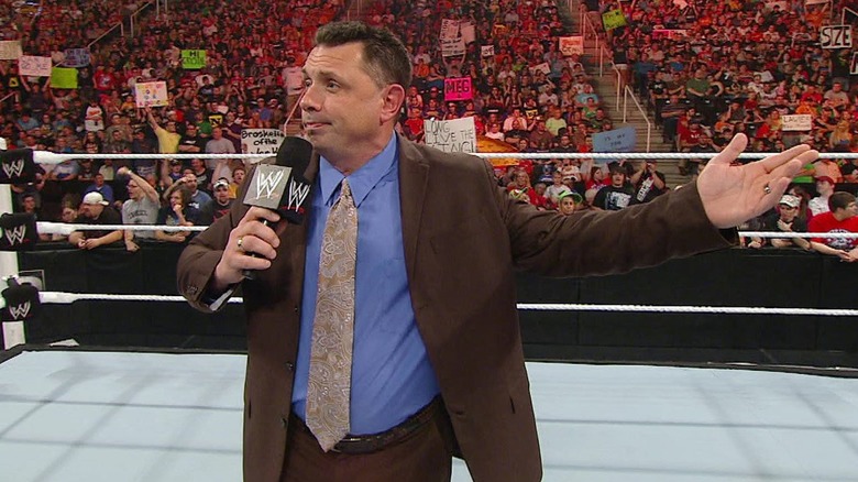Michael Cole during his 'retirement' promo segment.