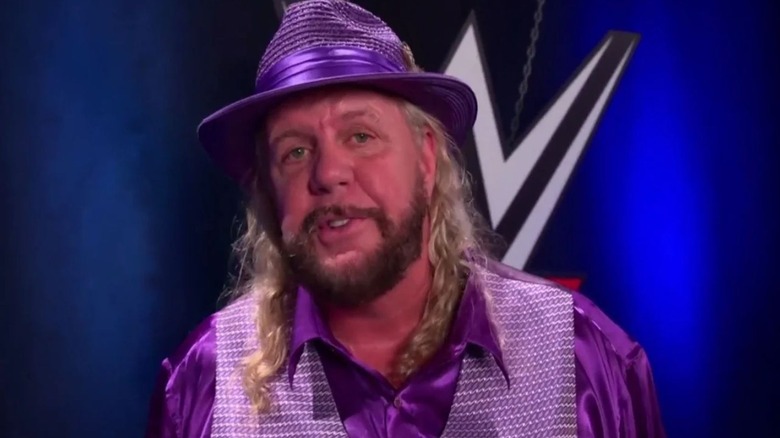 Michael Hayes is seen in a screenshot from a WWE video, speaking in front of a logo and blue background.