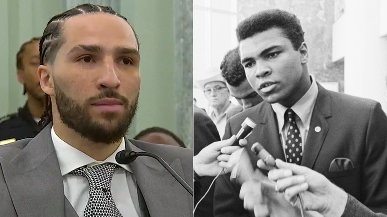 [Left] Nico Ali-Walsh testifies before Senate hearing and [Right] Muhammad Ali speaks to reporters
