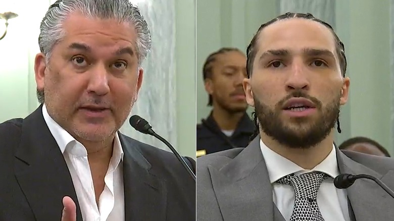 [Left] Nick Khan testifies before Senate hearing and [Right] Nico Ali-Walsh testifies before Senate hearing