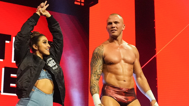 Wren Sinclair and Myles Borne make their entrance during NXT at the BleauLive Theatre on April 22, 2025 in Las Vegas, Nevada.