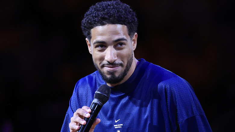 NBA  Indiana Pacers guard Tyrese Haliburton makes an announcement on the basketball court