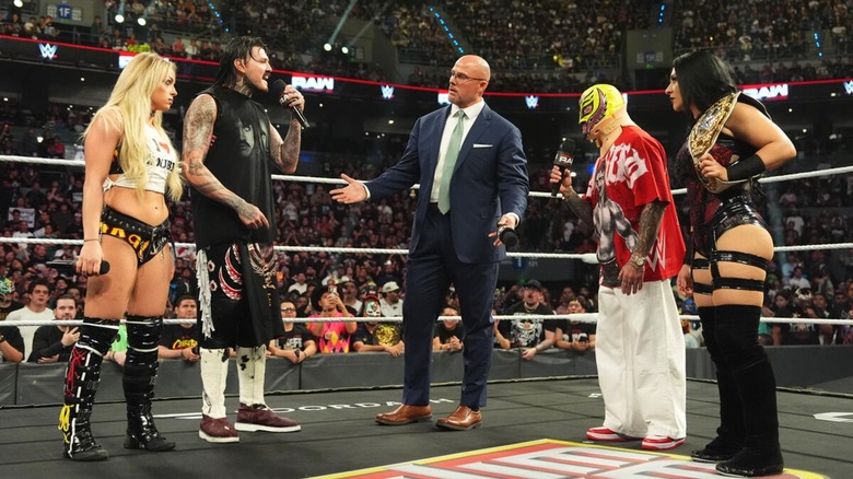 Liv Morgan, Dominik Mysterio, Adam Pearce, Rey Mysterio, and Stephanie Vaquer on WWE Raw