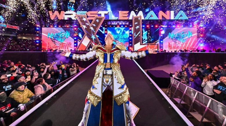 Cody Rhodes stands on the ramp at WrestleMania 40, making his entrance to fireworks and pyro.