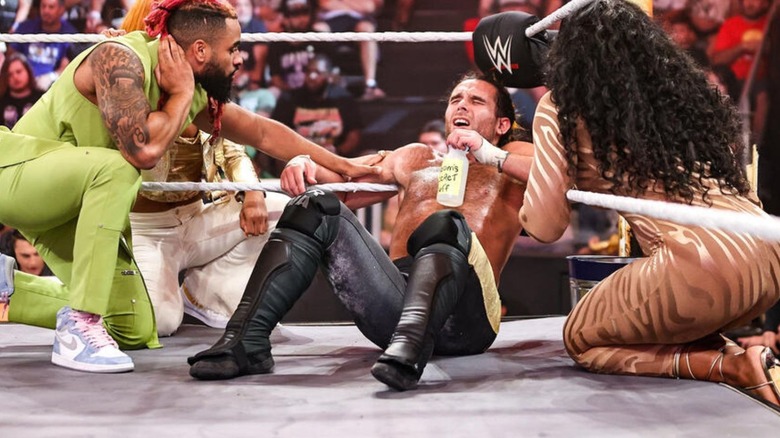 Noam Dar sits in the corner during a break in a Heritage Cup Championship match on "WWE NXT."