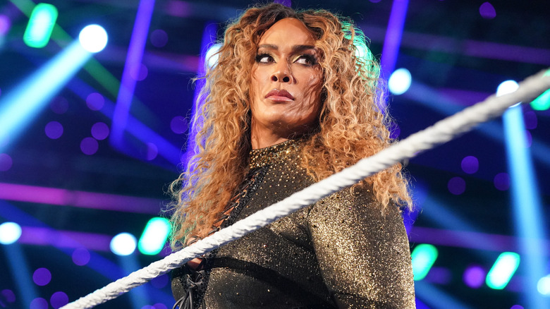 Nia Jax looks to the side intensely as she makes her entrance.