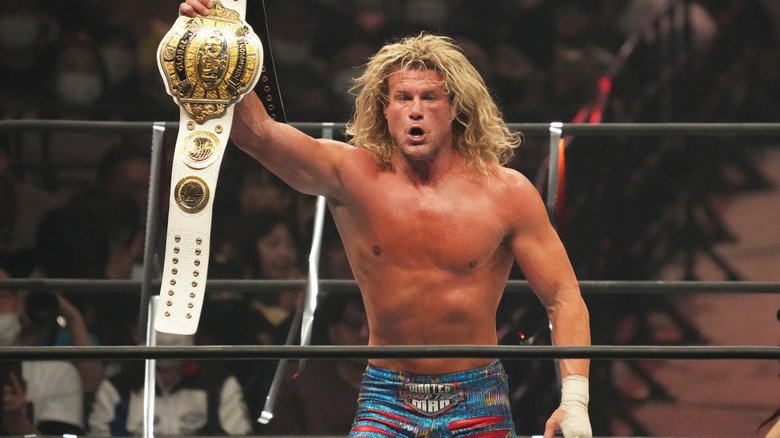 Nic Nemeth celebrating his IWGP Global Heavyweight Championship win