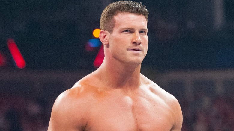 Dolph Ziggler sporting his brown short haircut during an episode of 