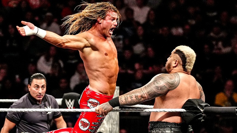 'Dolph Ziggler' hitting Solo Sikoa with a turnbuckle splash during his one-off return for the John Cena 'The Last Time Is Now Tournament,' 2025.